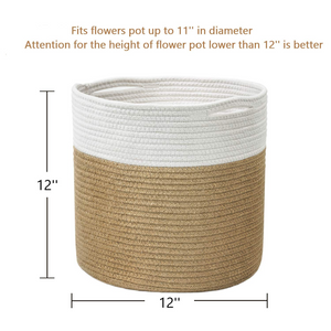 TIMEYARD Jute Rope Plant Basket Large Modern Woven Basket, 12''x12'', White and Jute