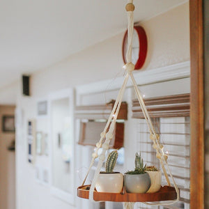 Hanging Plant Holders With Brown Wooden Shelf